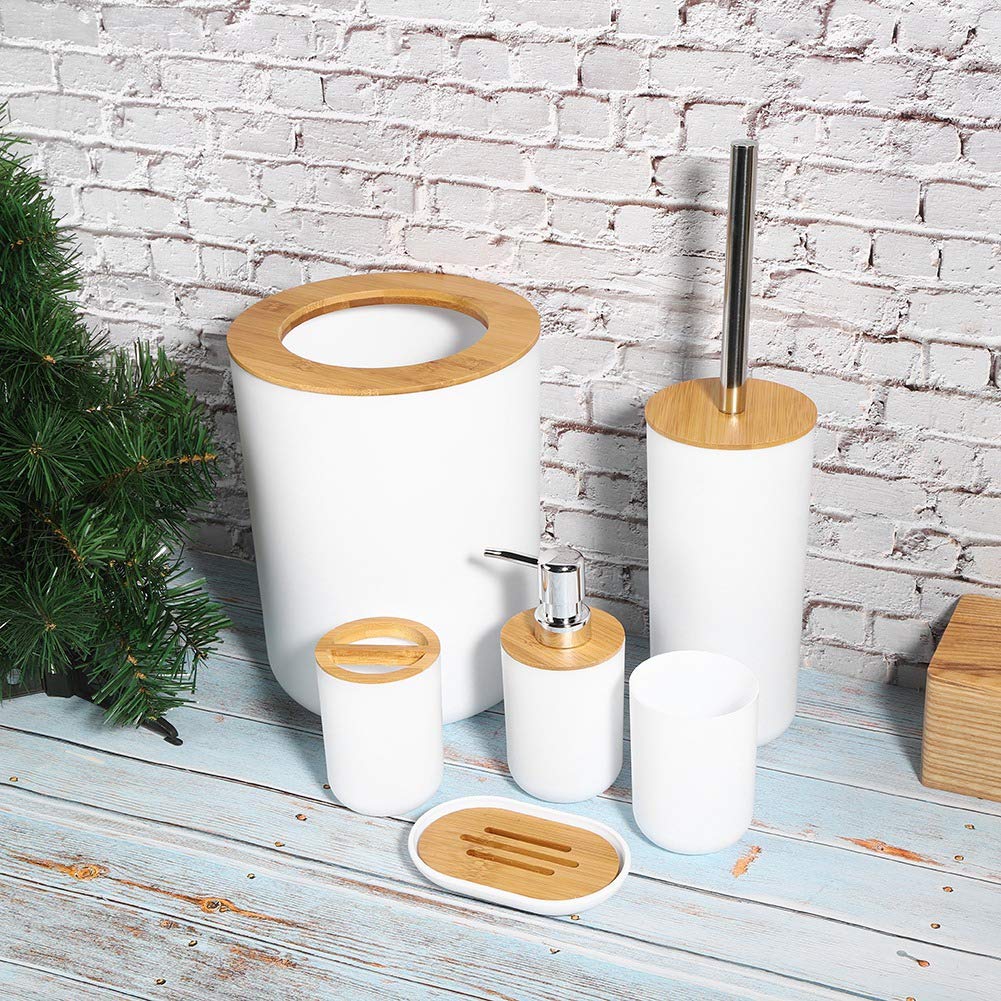 6Pcs Ceramic Bathroom Accessory Set, Bamboo Bathroom Accessories Toilet Tools Set, Trash Can Lotion Bottle Soap Tray Tooth Brush Toilet Brush with Holder Cup Set PP Plastic and Bamboo(White)