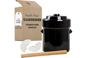 Humble House SAUERKROCK Fermentation Crock 10 Liter / 2.6 Gallon Ceramic Jar in Traditional Brown for Fermenting Pickling Kimchi, Sauerkraut, Pickles, Vegetables, Kombucha-Glazed Weights, Lid, Pounder