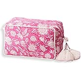 Travel Makeup Bag- Large Capacity Cosmetic Bags for Women - Water Resistance Lining Portable Pouch & Open Toiletry Bag - Perfect Girls Makeup Organizer for Travel Essentials (White & Pink Floral)