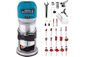 AKYPACH Wood Router Tool Compact Trim Router with 6 Variable Speed, Fixed Base, 15PCS Wood Router Bits, 1/4" & 3/8" Collets, Edge Guide, Roller Guide, and Dust Hood