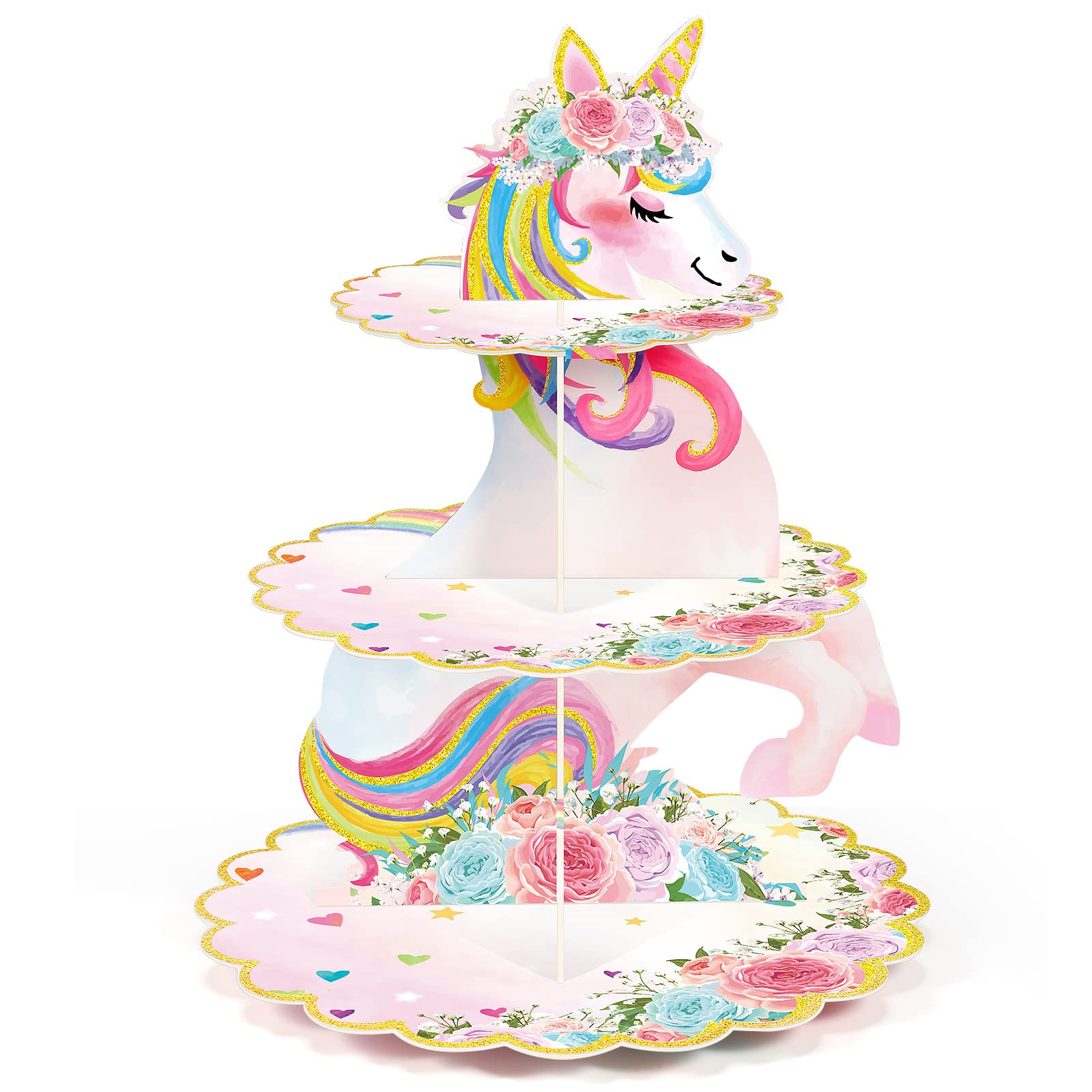 Photo 1 of 3 Tier Unicorn Cupcake Stand Party Decorations Rainbow Unicorn Birthday Cupcake Holder Dessert Tower for Kids Party Baby Shower Wedding Family, Cute Color