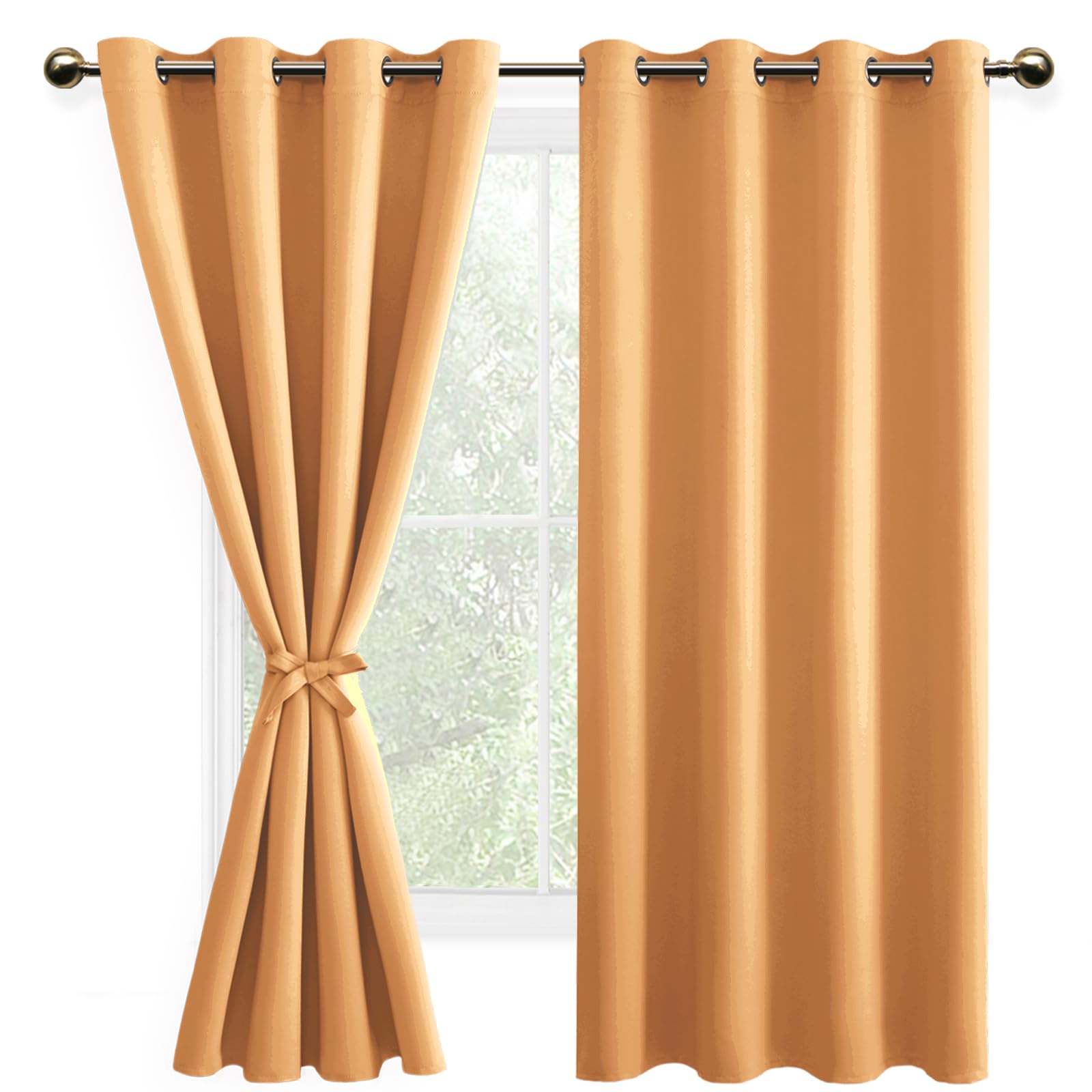 DWCN Blackout Curtains with Tiebacks for Bedroom Thermal Insulated Solid Eyelet Curtains for Living Room,2 Panels,52" Wide x 63" Drop Pumpkin Orange