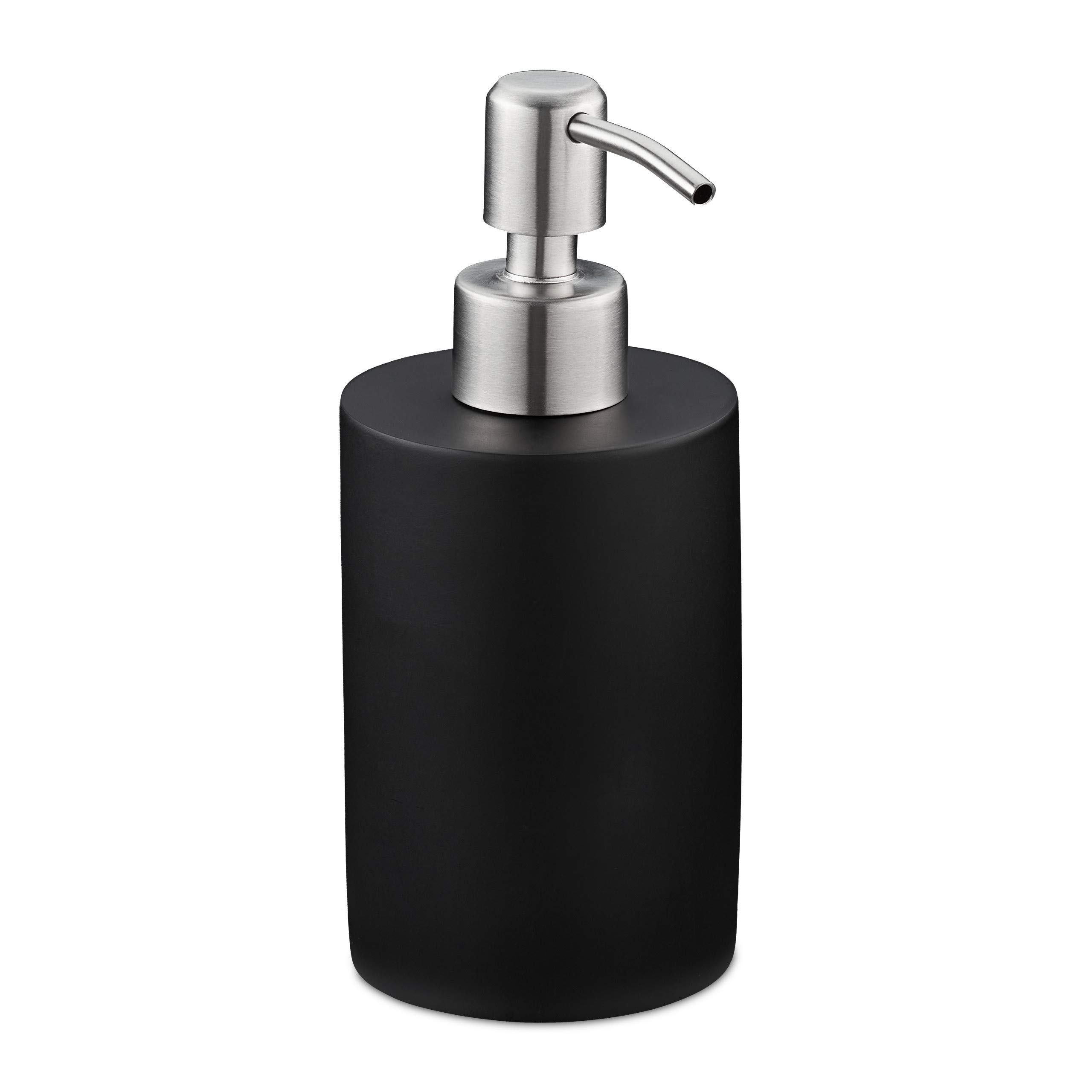 Relaxdays Soap Dispenser, 180 ml, Refillable, Bathroom, for Liquids & Lotion, Polyresin, Stainless Steel Pump, Black, 16.5 x 7 x 8 cm