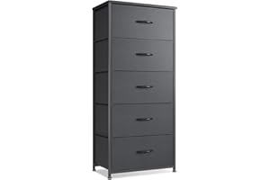 CubiCubi Dresser for Bedroom, Tall Kids Bedroom Fabric Dresser 5 Drawer Vertical Dresser Storage Tower Organizer Unit for Hallway Entryway Closets, Steel Frame Wood Top, Black Grey