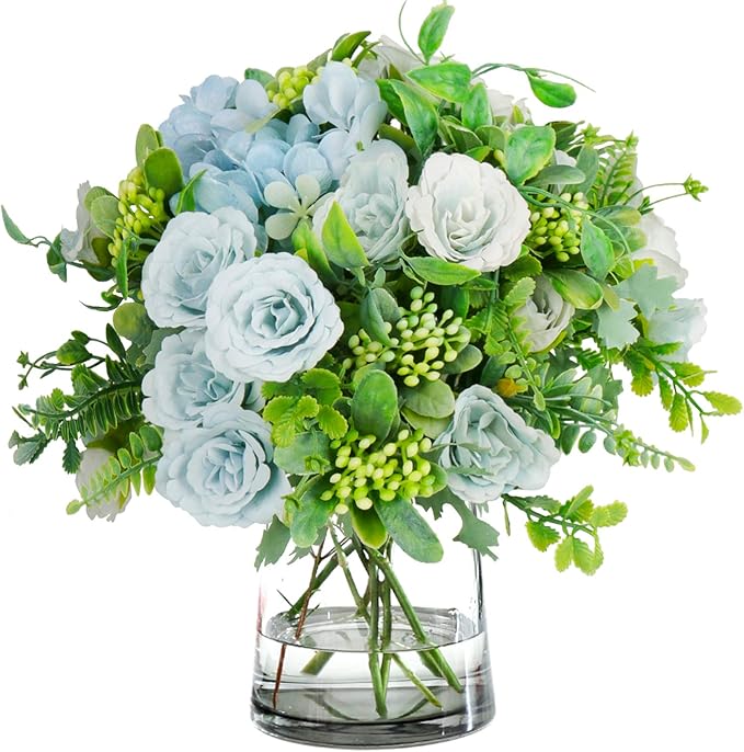 Amazon Com 4 Bouquets Mini Artificial Peonies Flowers Silk Hydrangea With Fern Leaves Fake Plants For Table Centerpiece Flower Arrangements Wedding Decor Blue Kitchen Dining