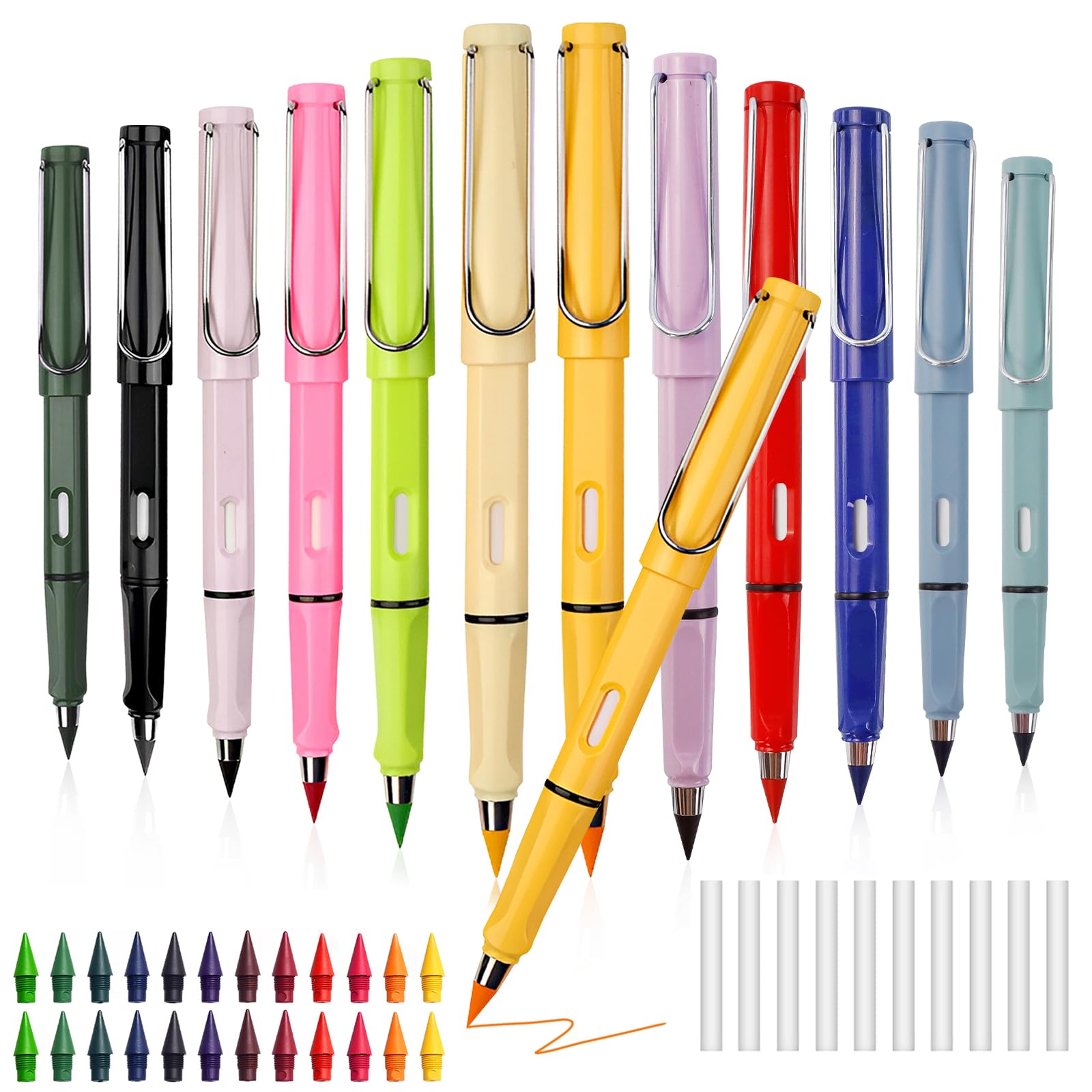 OT-NVWOZR 12 PCS Infinity Pencils with 24 Replacement Nibs, Colored Everlasting Pencil with 12 Eraser. Reusable Inkless Pencil No Sharpen Eternal Pencils for Sketching Drawing Writing School