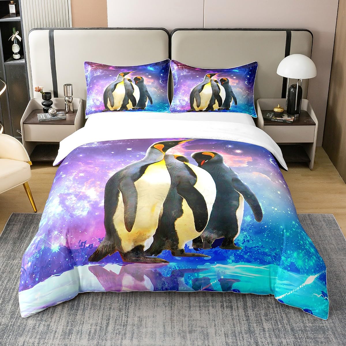 Loussiesd Cartoon Penguin 100% Cotton Duvet Cover King Size Funny Animal Printed Bedding Cotton Duvet Cover Set for Bedroom Car Reversible Cute Polar Animal Pattern Comforter Cover Set