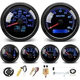 MH 6 AUTO Boat Gauge Set - 3-3/8" 80MPH &amp; 120KM GPS Speedometer, Tachometer, 2-1/16" 52mm Oil Pressure Gauge, Fuel Level, Water Temperature, Voltmeter Alarm Marine Meter Kit with Sensor(Black)