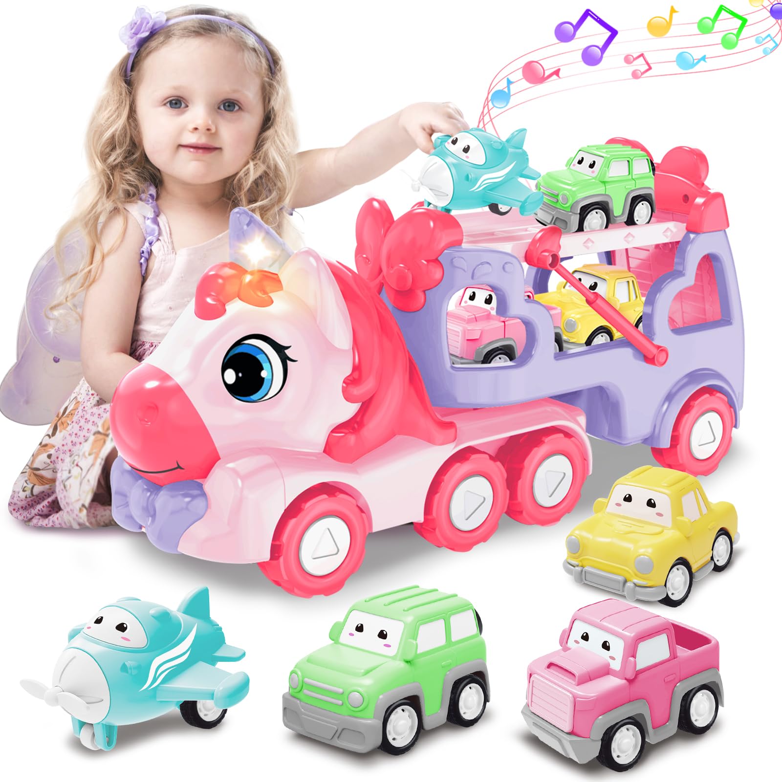 seveclotree Toys for 1 2 3 Year Old Girl,5-in-1 Carrier Truck Toy Cars with Light & Sound,Toddler Toys Age 2-4, 1 2 3 Year Old Girl Birthday Gifts — image 1