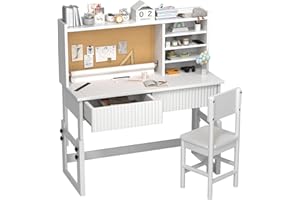 RUPOLX White Ergonomic Wooden Height Adjustable Kids Fluted Desk and Chair Set,Kids Study Desk with 2 Fluted Drawer,Kid Study