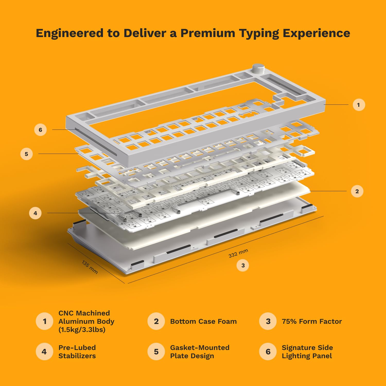 Glorious Gaming GMMK PRO 75% Barebones White (Frame Only) - Modular Mechanical Gaming Keyboard, TKL Size (75%), 3.3lb Frame, RGB, Fully Customisable, 5-Pin Switch Support
