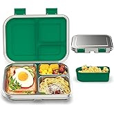 BABHAMNESS Stainless Steel Bento Box Kids, 3 Compartments Leak Proof Metal Bento Lunch Box, 304 Stainless Steel Bento Lunch Containers for School and Office,Dishwasher Safe, BPA-Free-Green