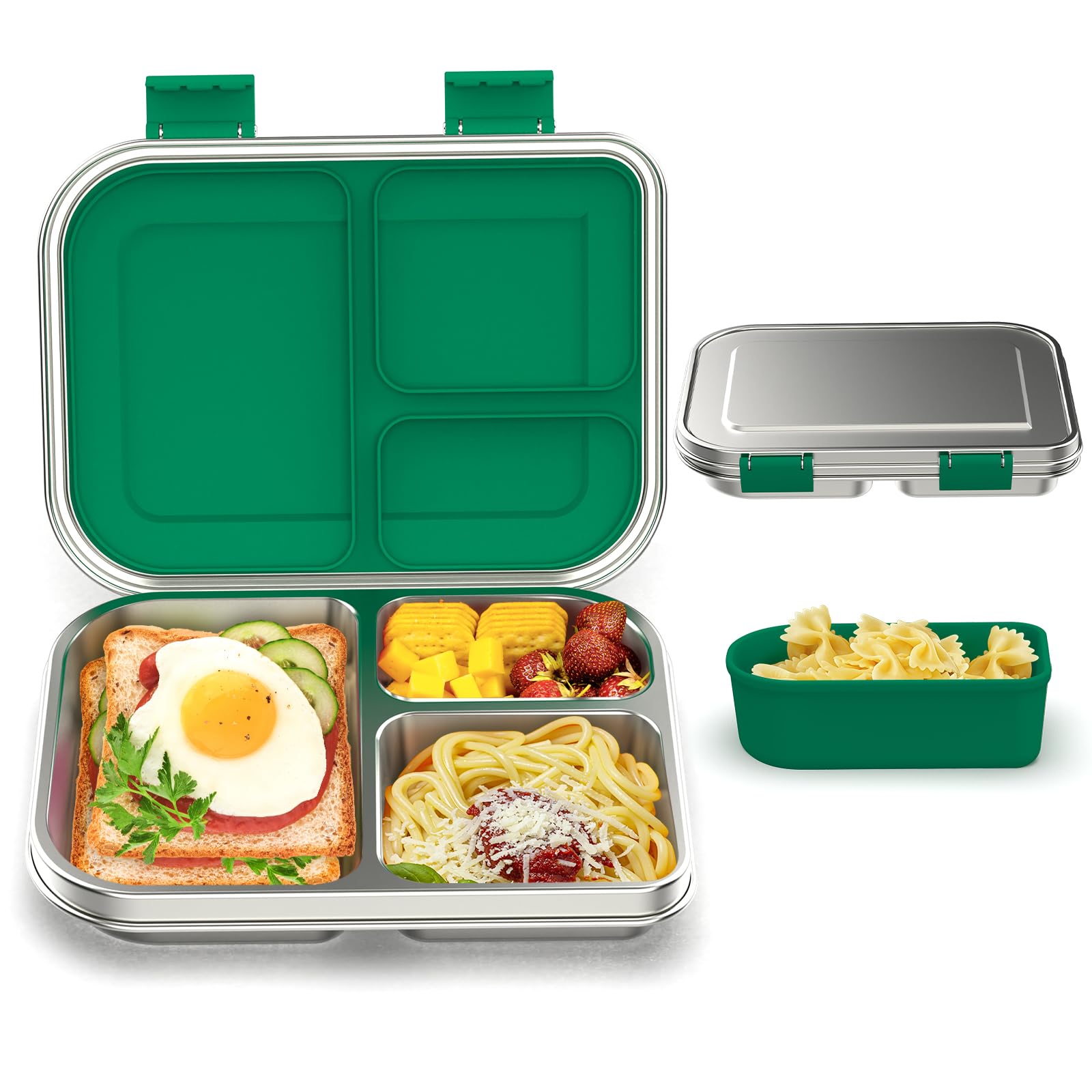 Photo 1 of BABHAMNESS Stainless Steel Bento Box Kids, 3 Compartments Leak Proof Metal Bento Lunch Box, 304 Stainless Steel Bento Lunch Containers for School and Office,Dishwasher Safe, BPA-Free-Green