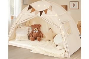 LANABUNA Twin Size Bed Tent Canopy, Kids Play Tent with Flags & Star Lights, Canopy on Bed Privacy Space Sleeping Blackout Tents, Indoor Breathable Portable & Foldable, Girls & Boys Gifts, Cream Tassels Style
