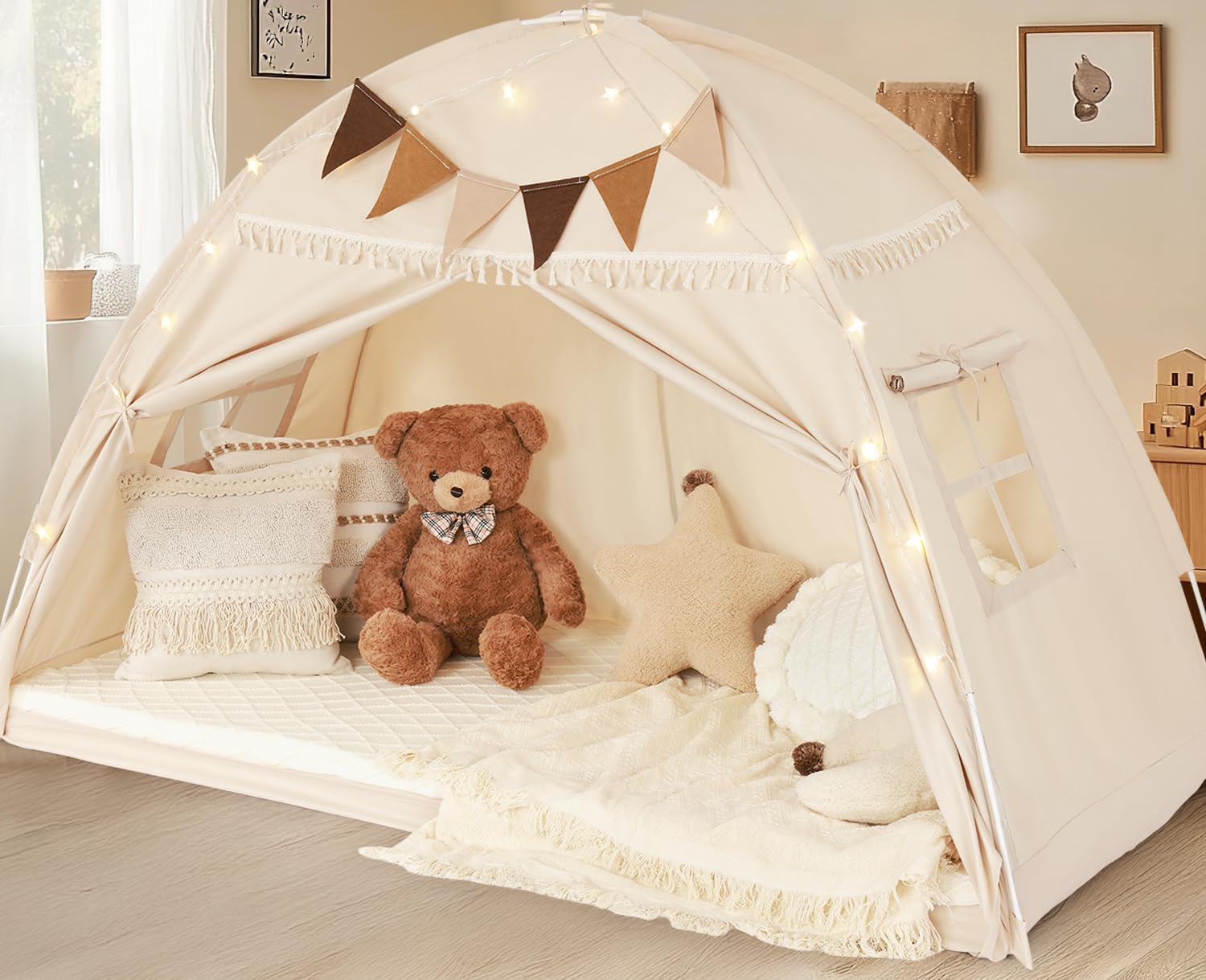 Photo 1 of Twin Size Bed Tent Canopy, Kids Play Tent with Flags & Star Lights, Canopy on Bed Privacy Space Sleeping Blackout Tents, Indoor Breathable Portable & Foldable, Girls & Boys Gifts, Cream Tassels Style