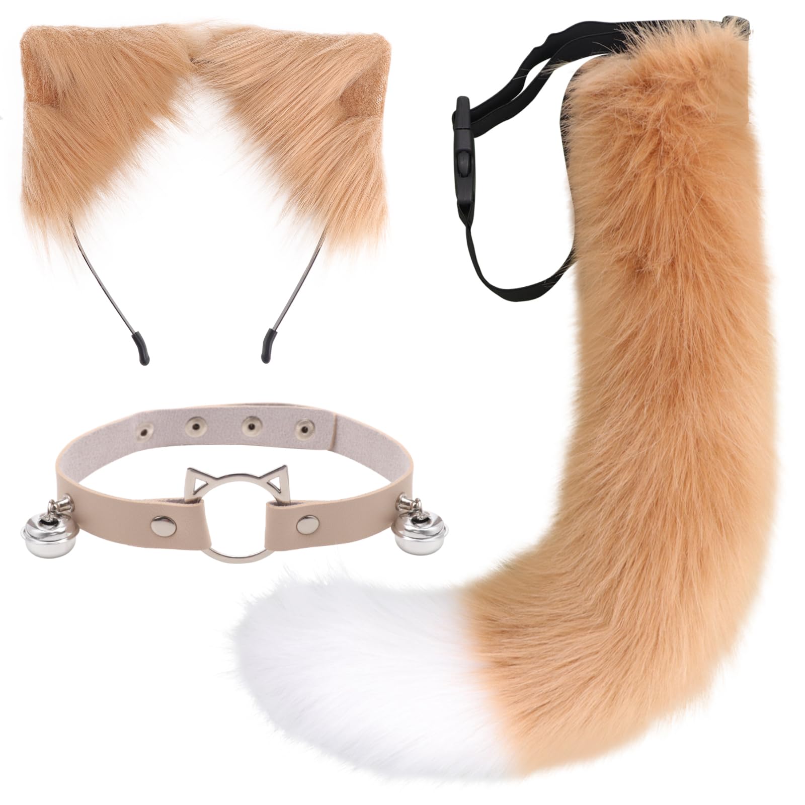 DRESHOW Fox Faux Fur Tail Cat Ears Headband Halloween Party Costume Neck choker Cosplay Set for Women