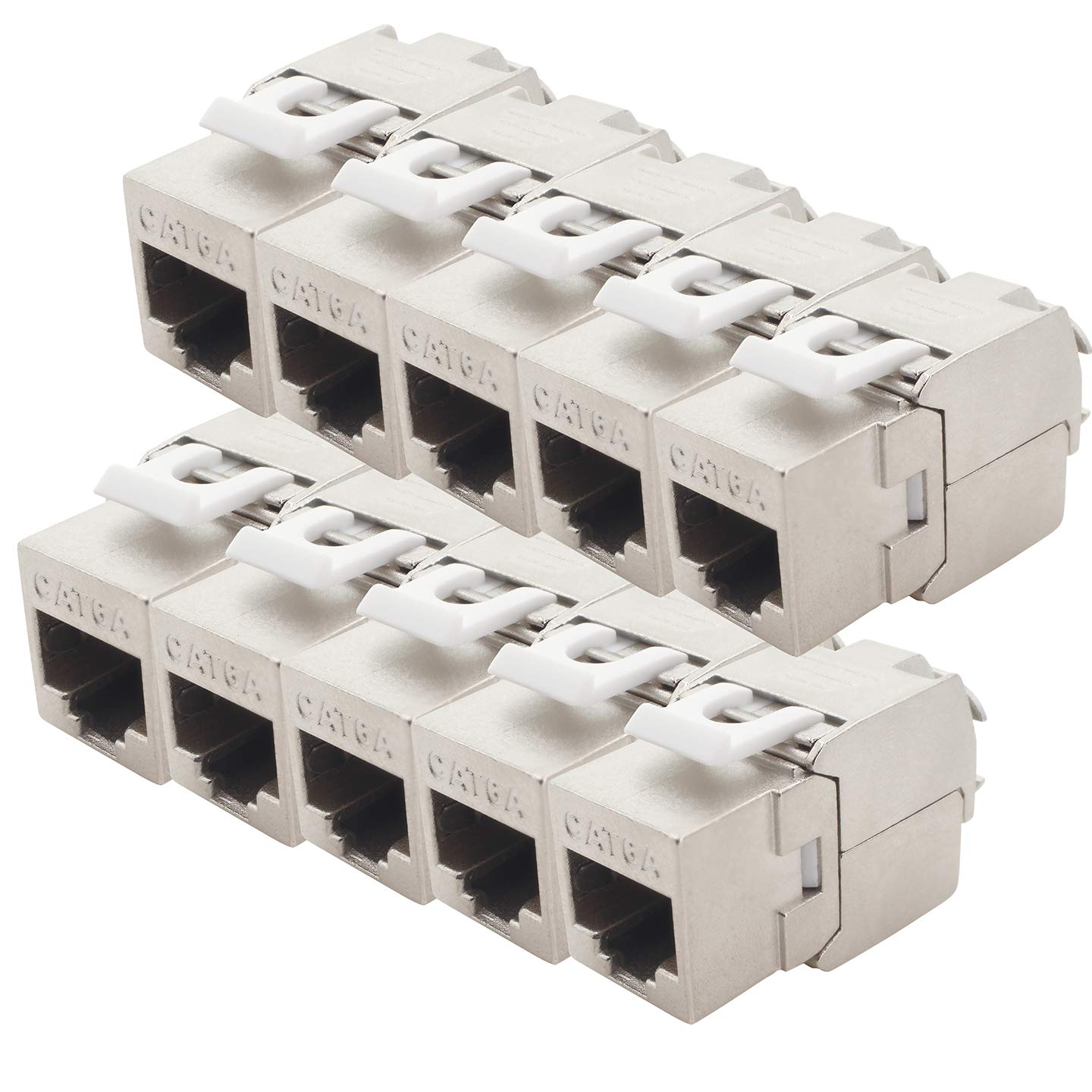 1aTTack.de Keystone Cat.6a 180° tool-free insulation displacement terminal on RJ45 socket AWG 23 to AWG 26 shielded ronze nickel-plated zinc alloy compatible with Cat5 Cat6 Cat7 Cat8 Silver 10 pieces — image 1