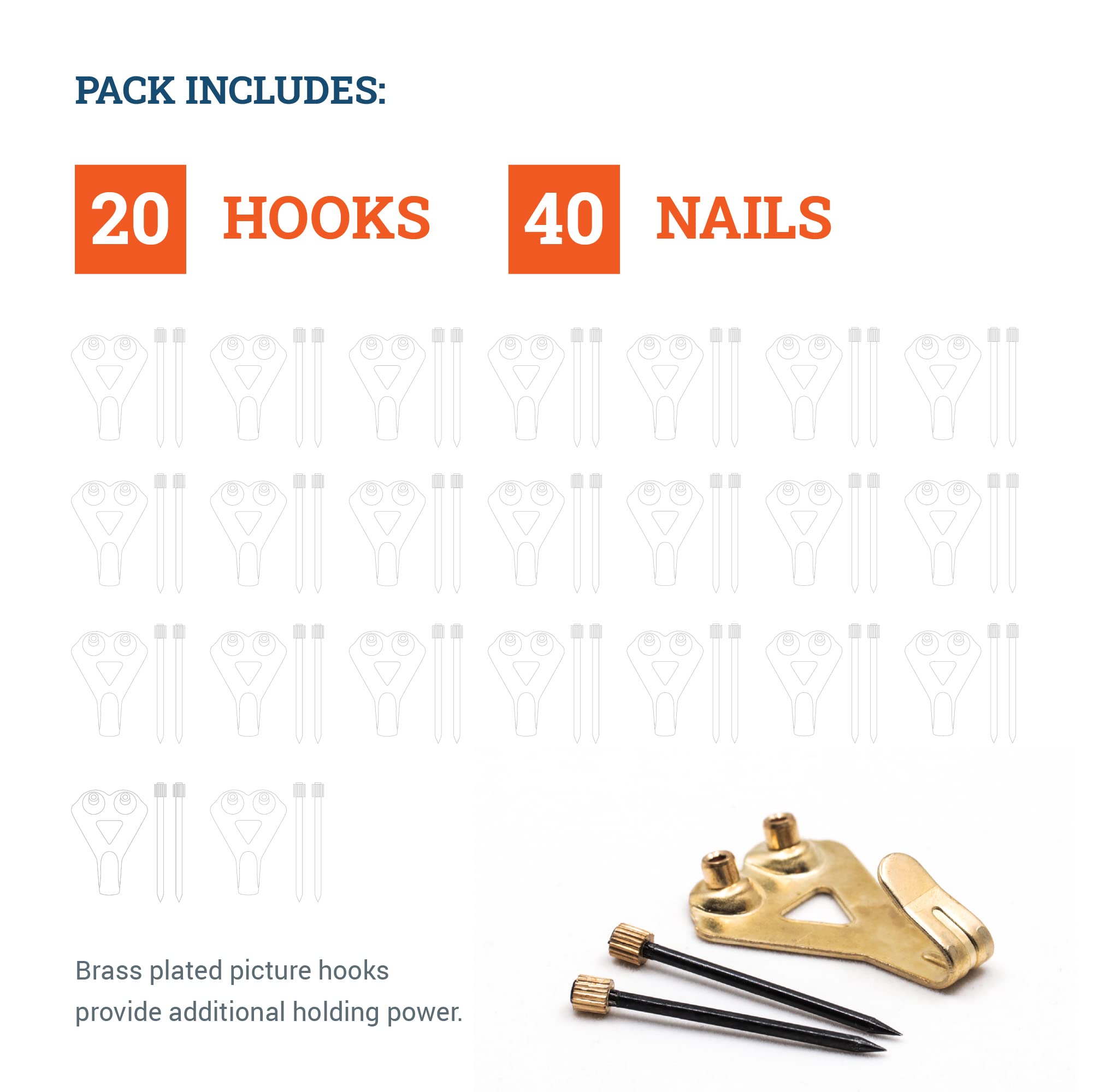 PHS - Professional Picture Hanging Hooks with Nails - Heavy Duty Brass Wall Hangers, 50 lbs Capacity, 20 Pack - for Drywall & Plaster Walls - Hang Pictures, Canvas, Mirrors, Art & Frame Hanging Hooks