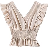 LYANER Women's V Neck Ruffle Cap Sleeve Shirred Blouse Sexy Crop Tank Top