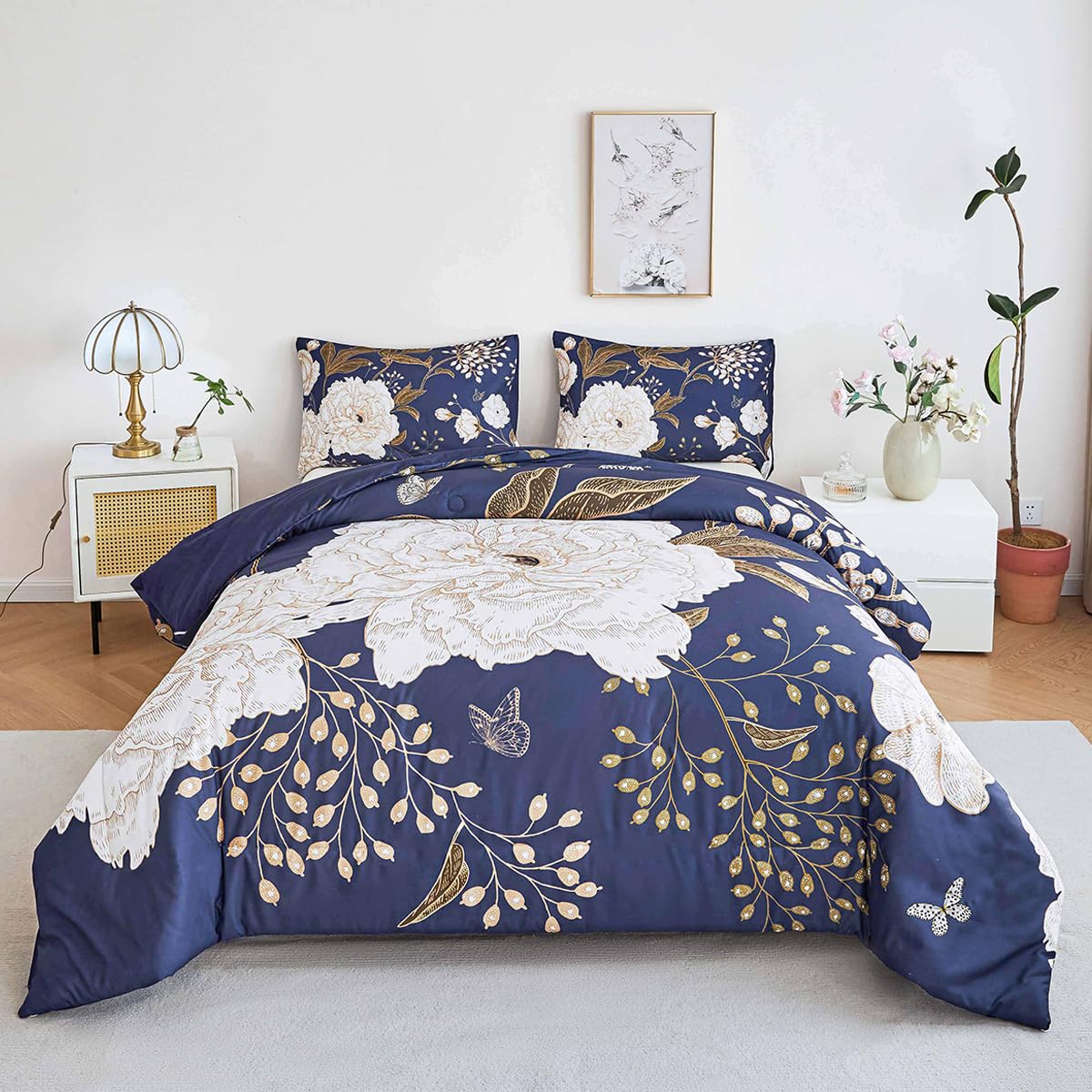 STYHO Blue Duvet Cover Sets Floral King 3Pcs Large White Flower Bedding Set Soft Reversible Botanical Butterfly Printed Duvet Covers for All Seasons(Blue, King)