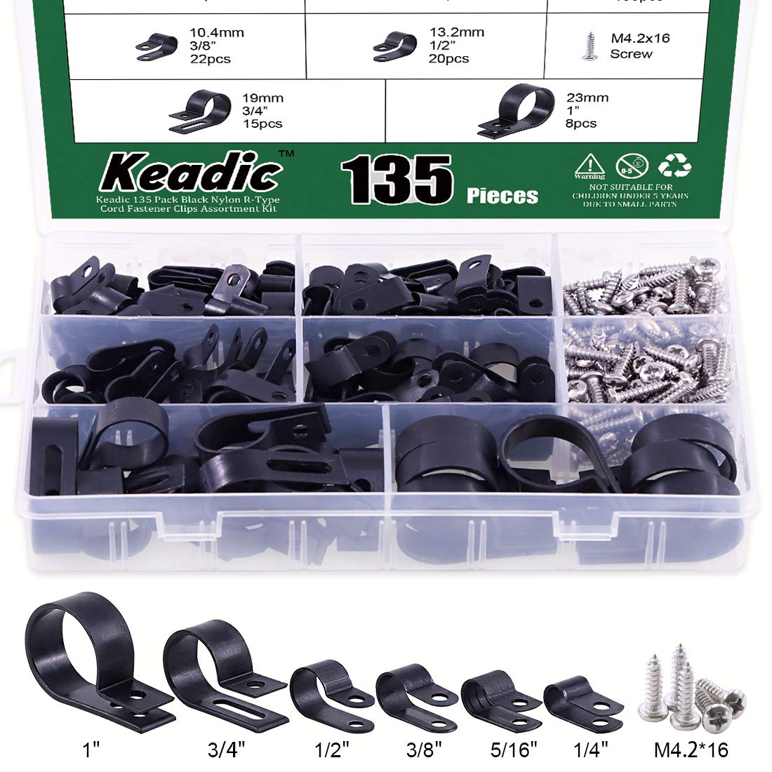 Keadic R-Type Cable Clamp Kit, 135 Pack Black Nylon Cord Fastener Clips with 135 Stainless Steel Screws, Wide Application for Wire Management