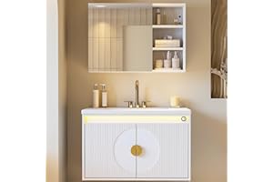 IRONCK Floating Bathroom Vanity with Sink, Mirror Medicine Cabinet, LED Strip Light, 30 Inches Modern Wall Mounted Sink Cabinets & Mirror Cabinets Set with Large Storage Space, White