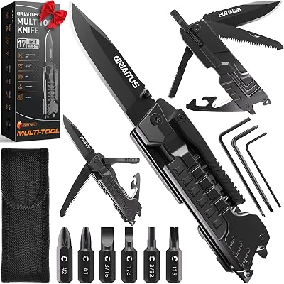 Cadeau Homme, Couteau Multifonction 17 en 1, bâtons d'allumage, ouvre-bouteille, scie, tournevis, sifflet, brise-vitre et plus encore - Parfait pour le camping, l'extérieur