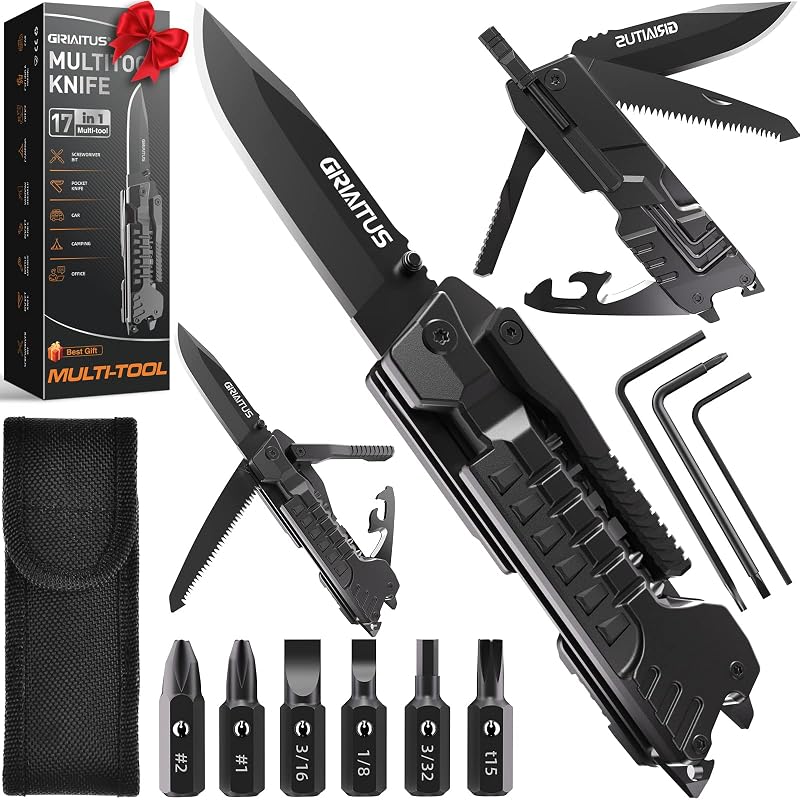 Cadeau Homme, Couteau Multifonction 17 en 1, bâtons d'allumage, ouvre-bouteille, scie, tournevis, sifflet, brise-vitre et plus encore - Parfait pour le camping, l'extérieur