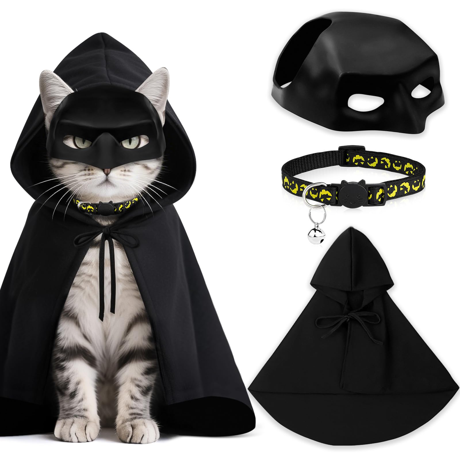 Photo 1 of 3 PCS Cat Bat Mask Halloween Costumes Accessories Bat Mask Cloak and Halloween Cat Collar Pet Costumes Clothes for Cats, Bat Cat Cosplay Apparel