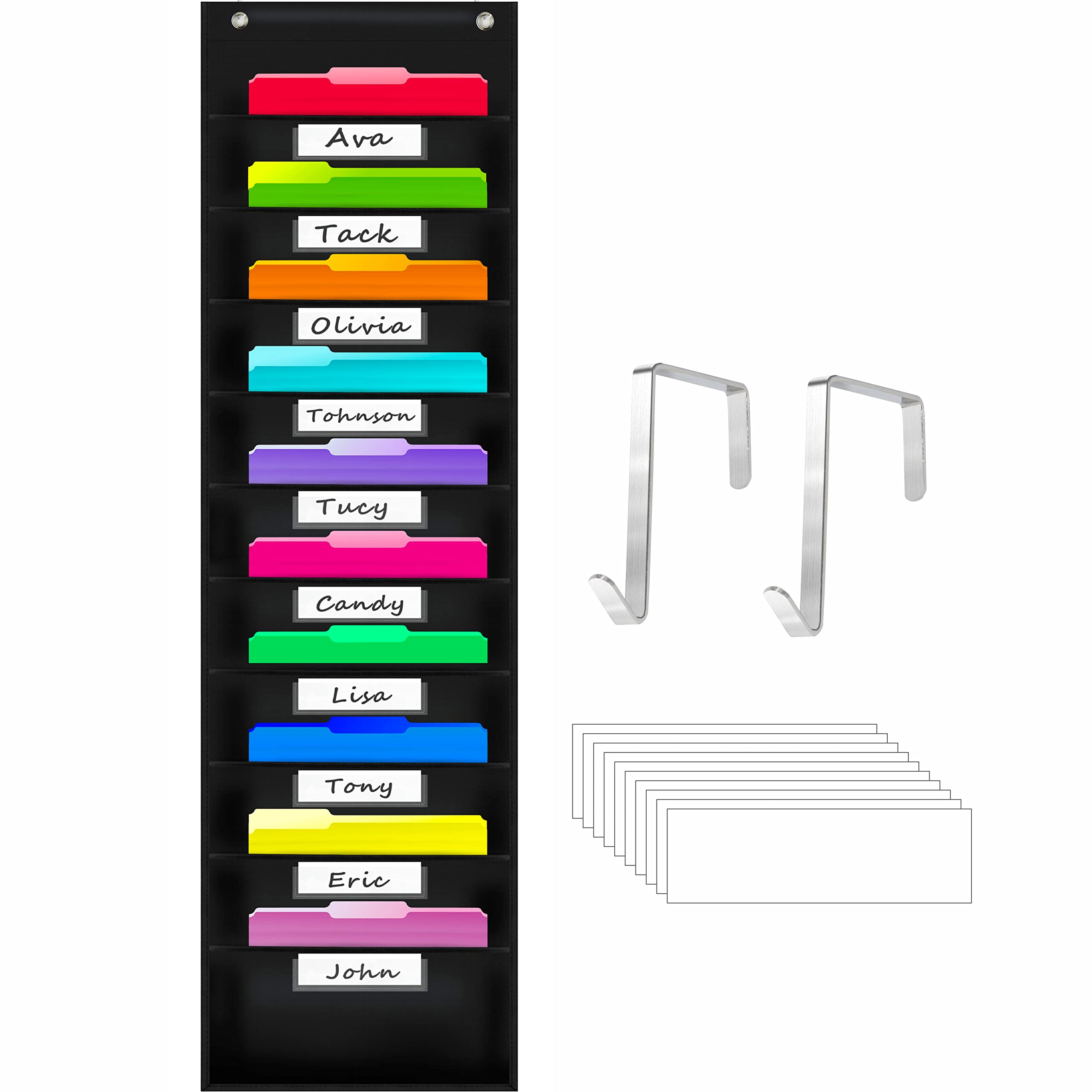 Vantasii Organization Pocket Chart with 10 Pockets, Hanging Wall File Organizer, 2 Over Door Metal Hangers Included, 10 Dry-Erase White Labels,Organize Your Assignments, Files (Black, 14” x 47”)