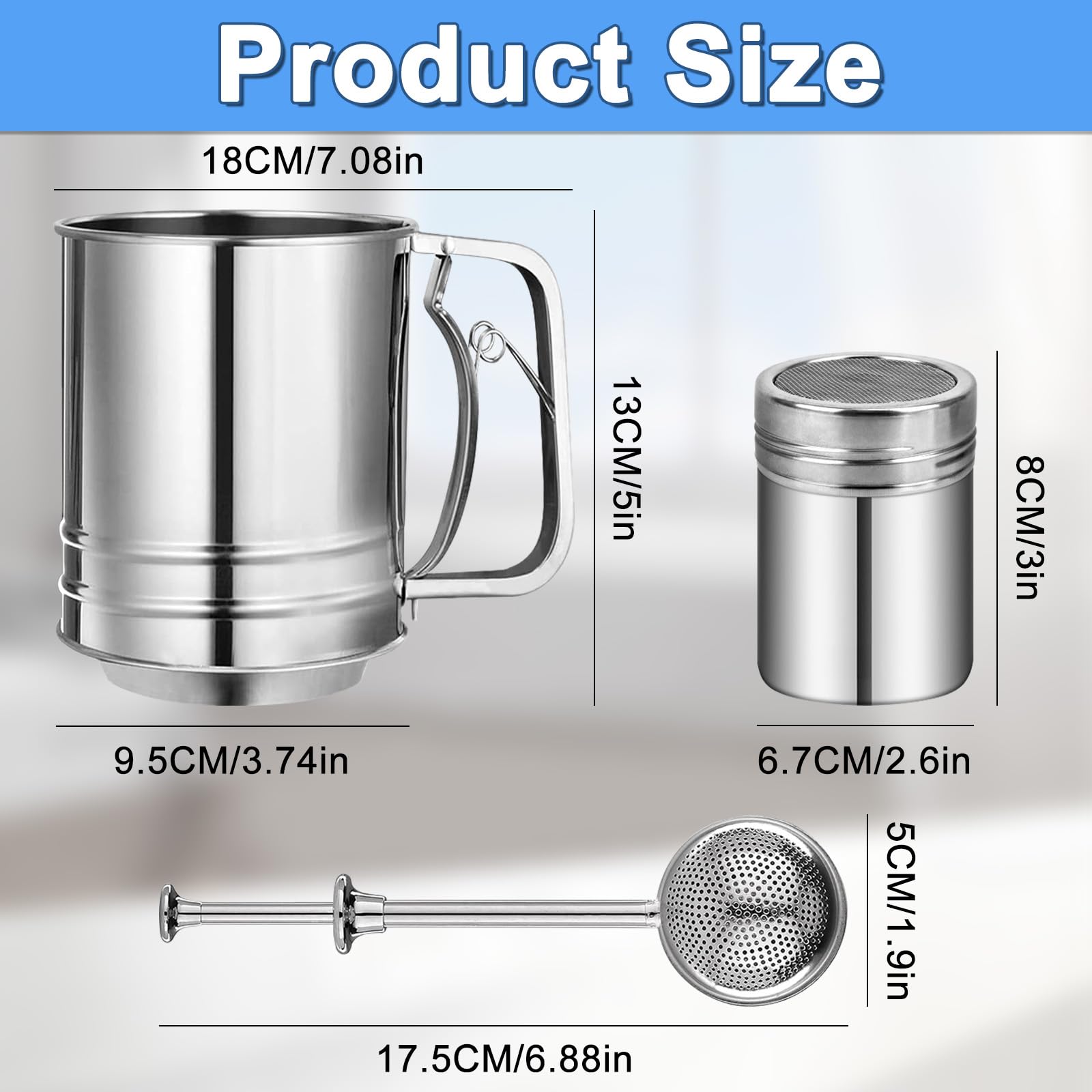 Flour Sifter Stainless Steel,5 Cup Flour Sifter for Baking,3 in1 Sifter for Baking with Powdered Sugar Shaker Duster, Flour Shaker Duster for Baking Cakes, Pastries, Pies, Cupcakes and Desserts