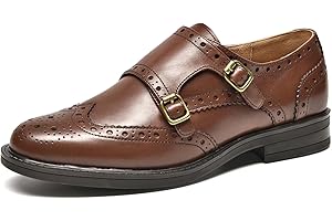 BEAU TODAY Women's Leather Loafers, Monk Strap Womens Oxfords, Comfort Office Business Ladies Casual Shoes, Double Buckles Deign, Brogue Wingtip Slip-on
