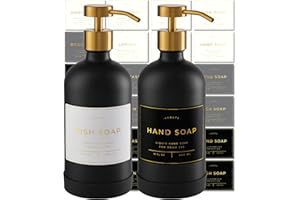 Verute 500ml Glass Soap Dispenser with Stainless Steel Pump, 21 Waterproof Labels, Non-Slip Protective Silicone Pad, Set of 2