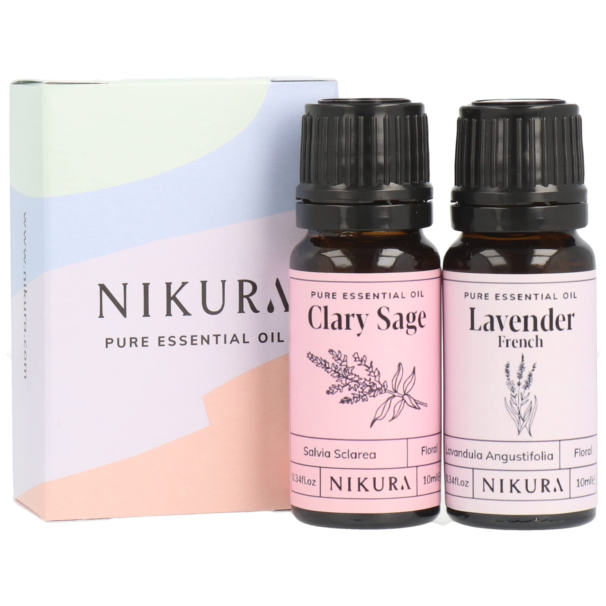 Nikura | Clary Sage & Lavender (French) Essential Oil Set | Sleep Oil, Labour Essentials | for Diffusers for Home | Hair, Massage, Candle Making, Soap | (2 x 10ml) | Vegan & UK Made — image 1
