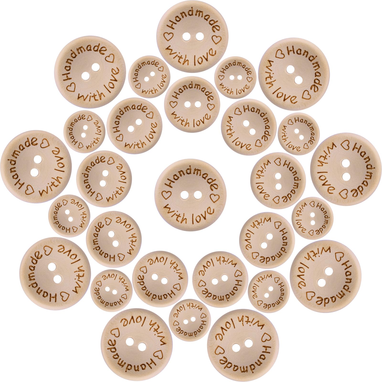 OOTSR 150pcs Wooden Handmade with Love Buttons, 2 Holes Wooden Round Buttons for Sewing Craft Decorations (15/20 / 25mm)