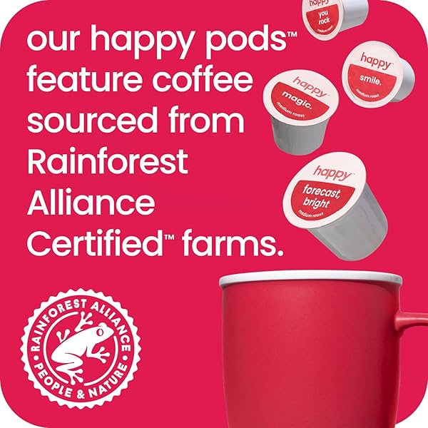 HAPPY COFFEE MEDIUM ROAST COFFEE PODS, 10 COUNT, NOTES OF CHOCOLATE & CONFIDENCE, COMPATIBLE WITH MOST K-CUP BREWERS, RAINFOREST ALLIANCE CERTIFIED