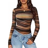 ZESICA Womens 2026 Spring Floral Mesh Going Out Tops Long Sleeve Crewneck Slim Fit Ruched Y2k Shirt Beach Vacation Outfit