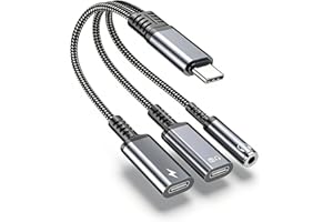 USB-C to 3.5mm Headphone and Charger Adapter, 3 in 1 Dual Type C Aux Splitter Charger Headphone Jack Dongle Cord Compatible f