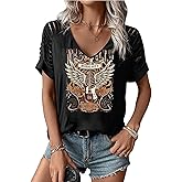 CLOCOVAIN Country Concert V-Neck Short Sleeve Retro Nashville Guitar Pattern Hollow T-Shirt Women's T-Shirt Pattern
