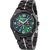 BOBO BIRD Men's Wooden Watch Sport Fashion Wristwatch Casual Chronograph Quartz Watches Men's Wood Stainless Steel Strap Watch with Date Display