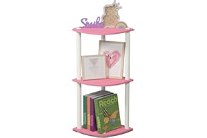 Furinno TURN-N-TUBE Corner Shelf, 3-Tier Corner Bookshelf, Display Storage Shelves with Open Shelves, for Organization and Storage, Living Room, Home Office, Garage, Pink