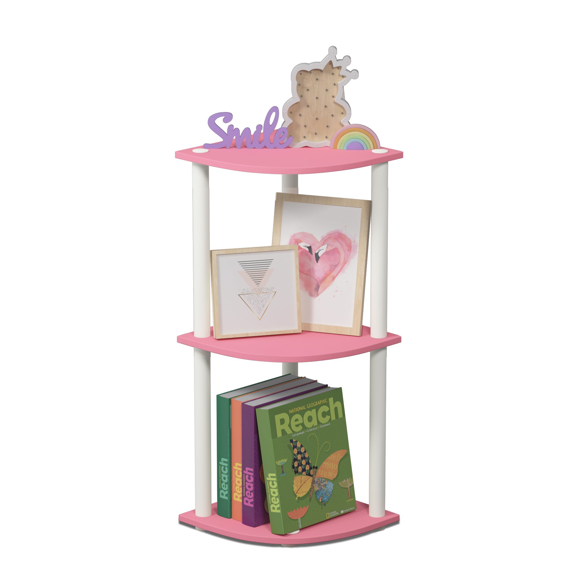 Photo 1 of Furinno Turn-N-Tube 3-Tier Round Tube Reversible Corner Display Rack Multipurpose Shelving Unit, Pink/White
