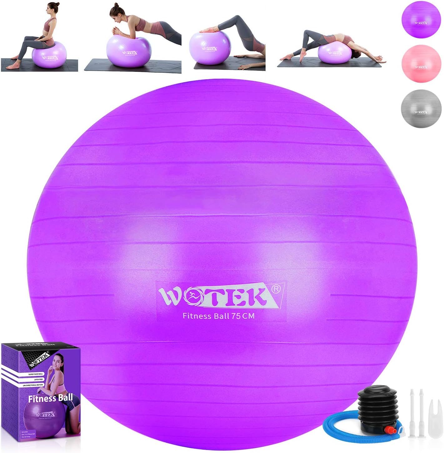 WOTEK Exercise Ball, Anti-Burst & Extra Thick 65cm 75cm Fitness Ball with Quick Pump, Gym Ball Swiss Balls for Yoga, Pilates, Pregnancy, Core Training,Weight Loss