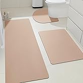 Ultra Thin Bath Mat, Upgrade Backing Non Slip Thin Bath Mats Fit Under Door, Quick Dry Ultra Absorbent Bathroom Rugs, Machine Washable Bath Rugs for Bathroom, Bathtub & Kitchen, Taupe/Solid/3 Piece