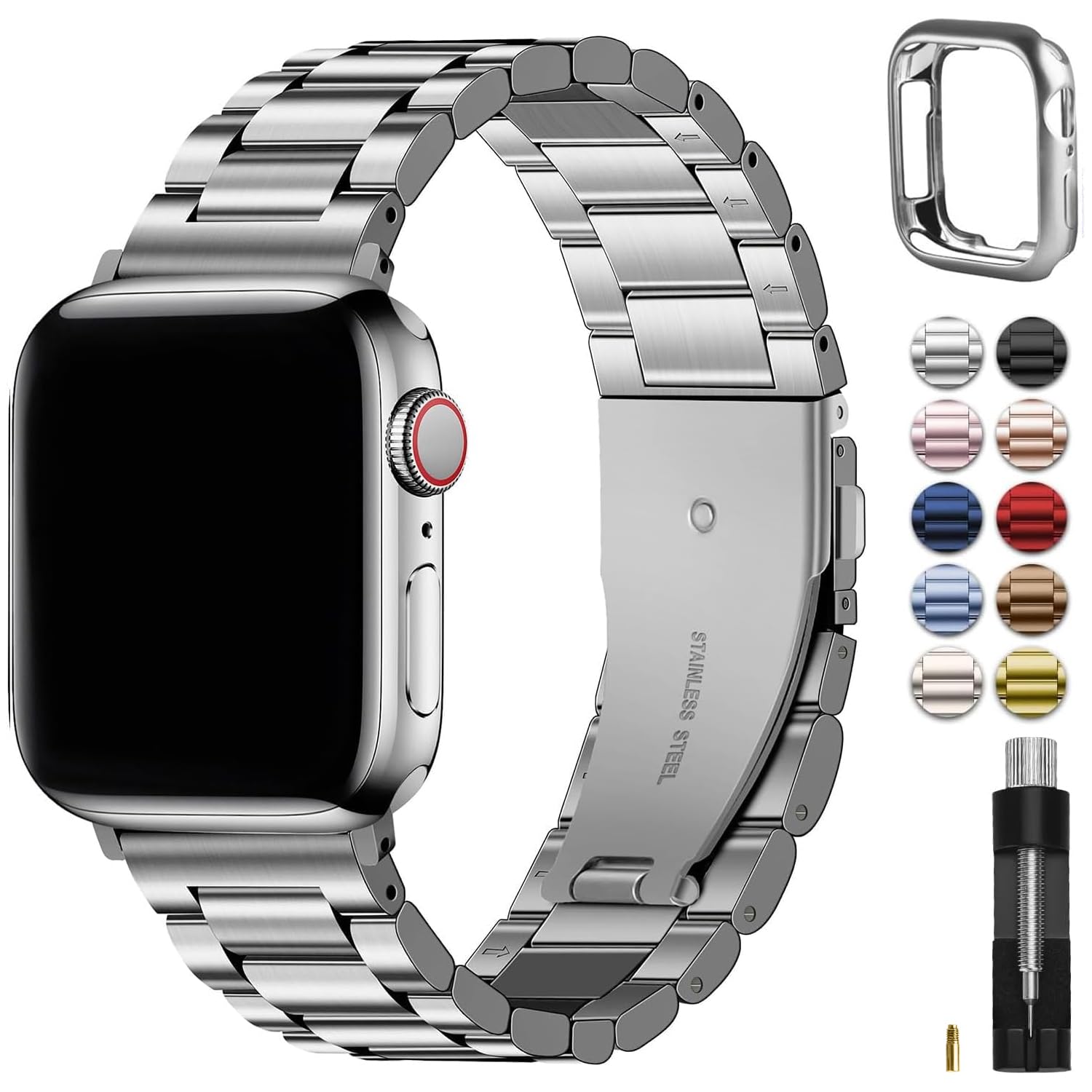 Fullmosa Compatible with Apple Watch Straps 40mm 41mm 38mm 42mm(Series 11/10), Metal Stainless Steel Replacement Bands for iWatch SE 3 2 1/Series 11/10/9/8/7/6/5/4/3/2/1, Silver & Protective Case — image 1