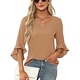 Qirno Chiffon Blouses for Women Ruffle 3/4 Sleeve Dressy V Neck Casual Flowy Tunic Tops