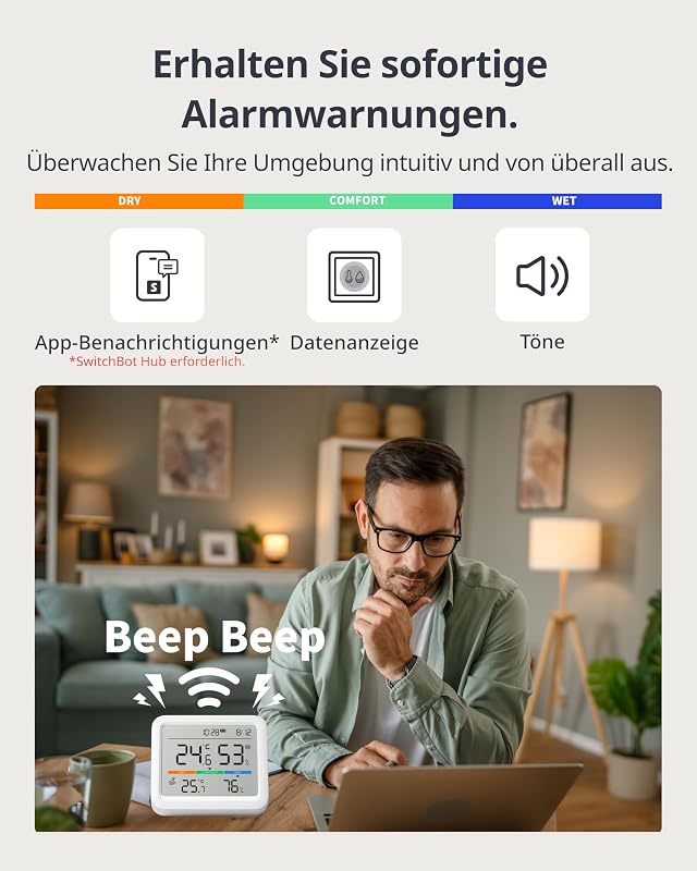 Hygrometer Thermometer Innen, Temperatursensor mit Datum/Wettervorhersage/Intelligenter Warnung, Kostenloser Datenspeicher-Export, SwitchBot Hub und Außenmeter erforderlich für Wetterstation