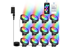 CREPOW RGB Underwater Pond Lights, Super Bright 18 LED Submersible Fountain Lights Color Changing Spotlights, Bluetooth APP Control IP68 Waterproof for Fish Aquarium Tank Garden Yard Pool(Set of 12)