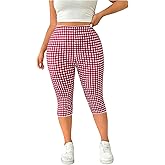 SHENHE Women's Plus Size Gingham Capri Leggings High Waist Split Skinny Coquette Cropped Pants
