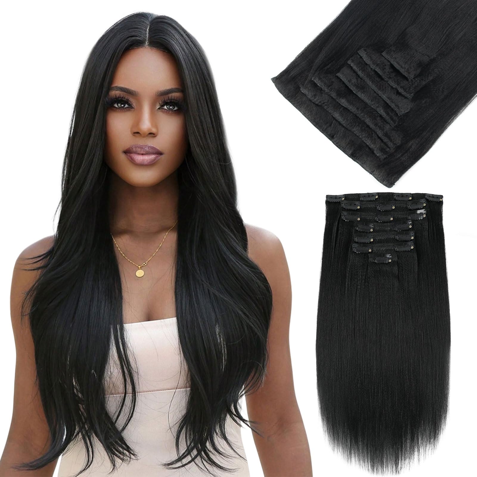 Yuniffe Yaki Straight Clip ins Human Hair for Black Women Yaki Hair Extensions Clip in #1 Jet Black Double Weft Brazilian Remy Hair Extensions Yaki Clip ins 12 Inch 7Pcs 120g — image 1